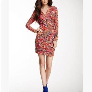 Mara Hoffman Abstract Print‎ Dress S Rayon Jersey Mola Red Long Sleeve Faux Wrap